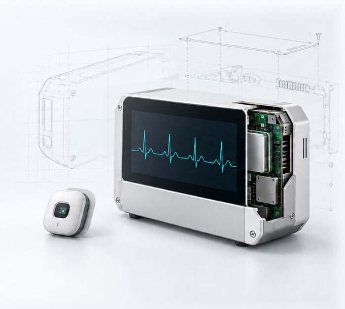 MedTech device with live vitals monitoring, representing QualityCert's product development expertise